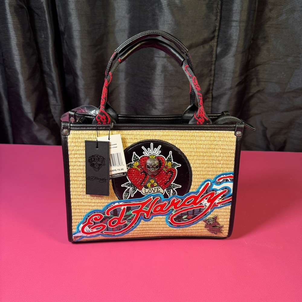 Ed Hardy Natural Straw Tote with Red and Black Graphic Accents